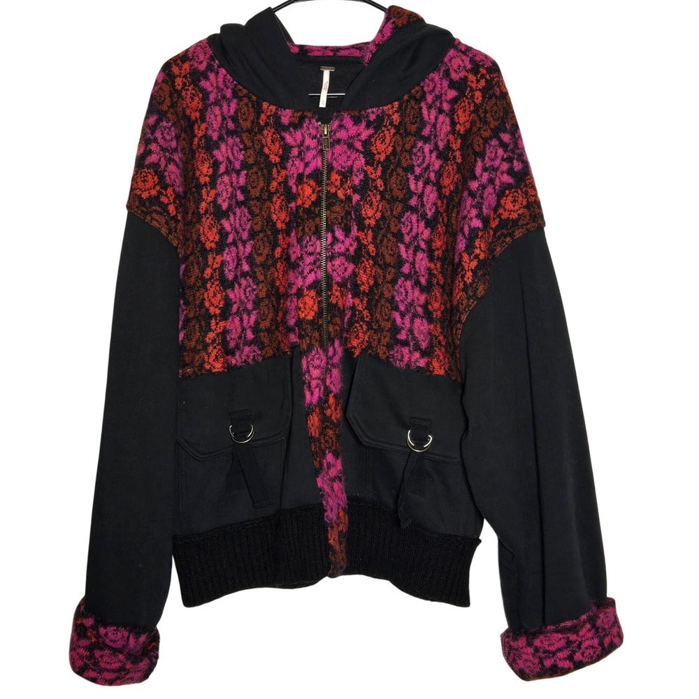 Free People Rockwell Sweatshirt Black Floral Zip Hoodie XL Wool Mixed Media